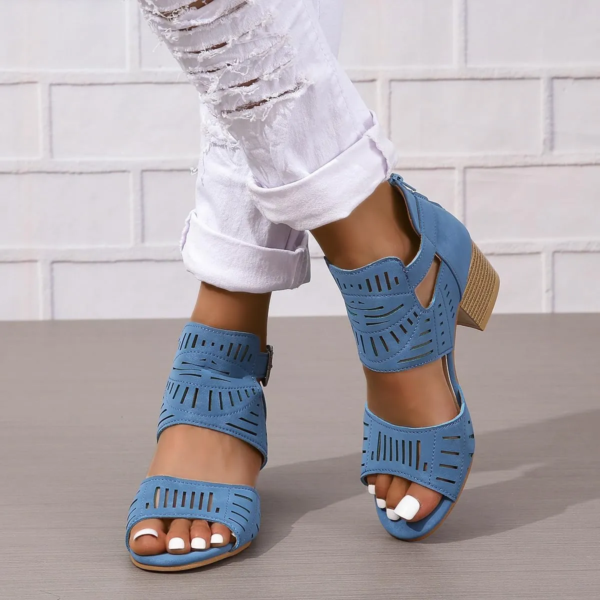 Womens Peep Toe Booties Summer Cutout Side Ankle Strap Buckle Chunky Low Heels Dressy Sandals with Back Zipper High Heel Hollow Out Heeled Stacked Sandal Black Slingback