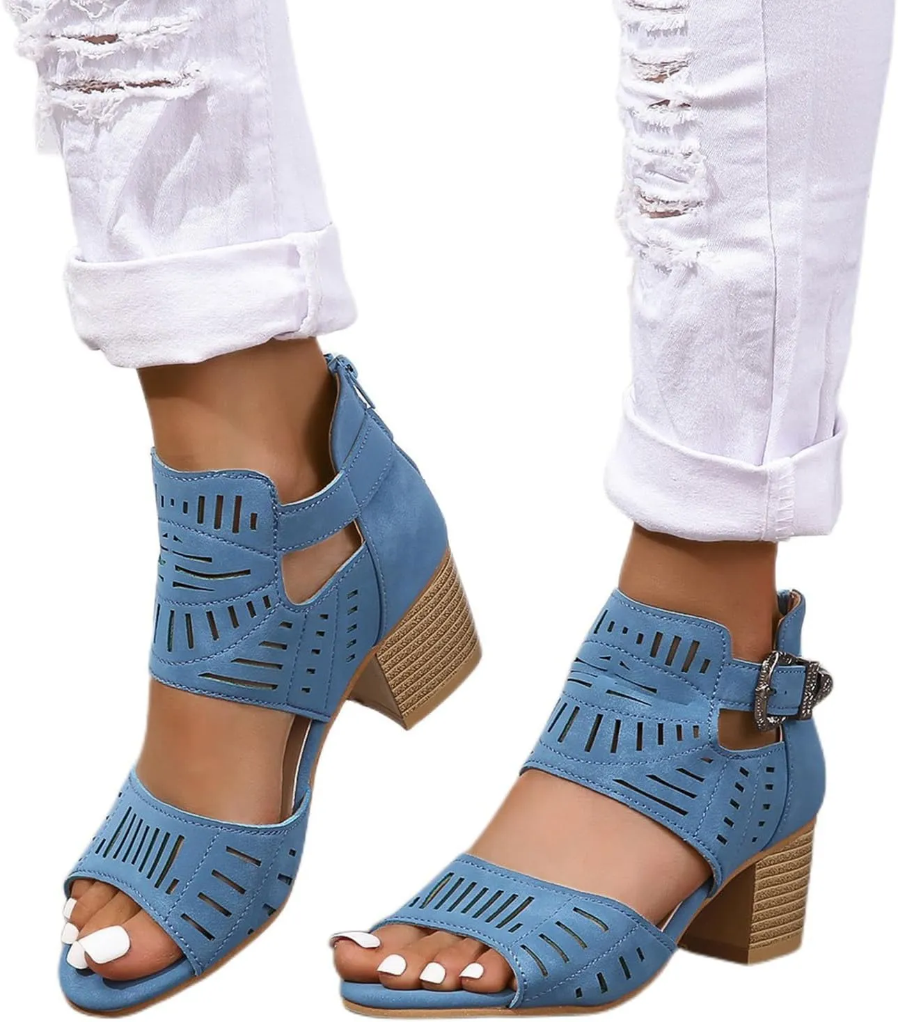 Womens Peep Toe Booties Summer Cutout Side Ankle Strap Buckle Chunky Low Heels Dressy Sandals with Back Zipper High Heel Hollow Out Heeled Stacked Sandal Black Slingback