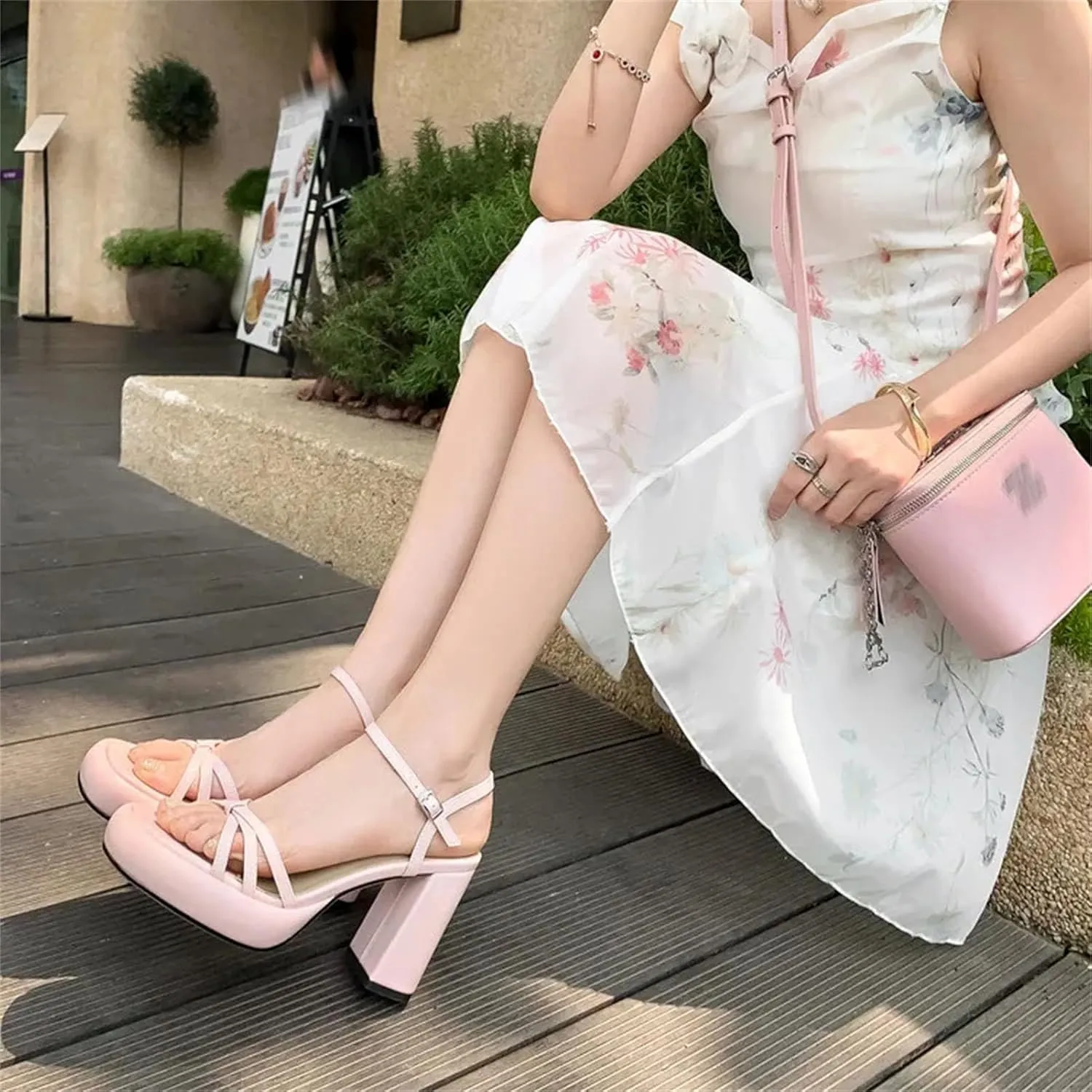 Women's Pink Leather Platform Sandals, Square High Heels Concise Design White Black Dots Summer Creeper