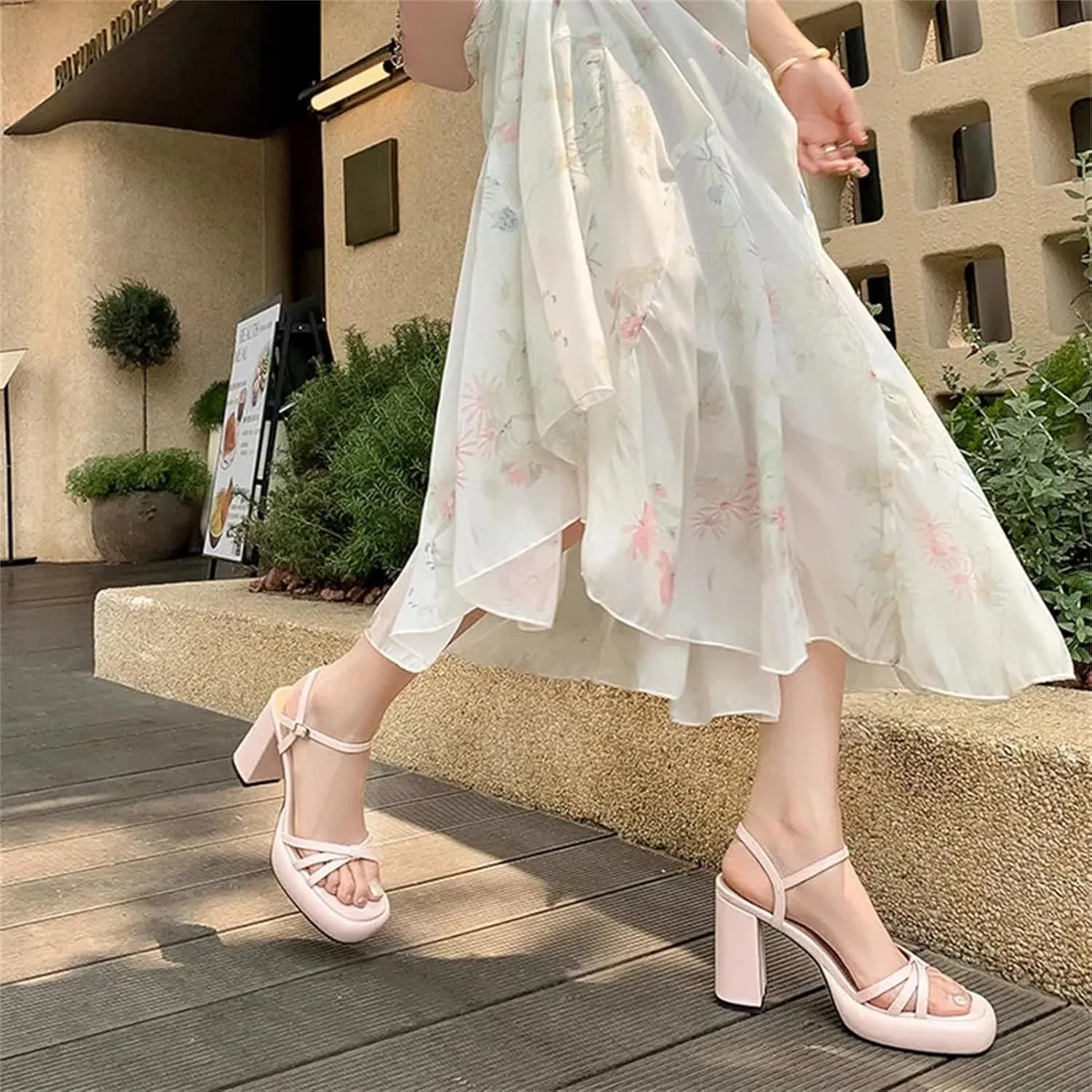 Women's Pink Leather Platform Sandals, Square High Heels Concise Design White Black Dots Summer Creeper