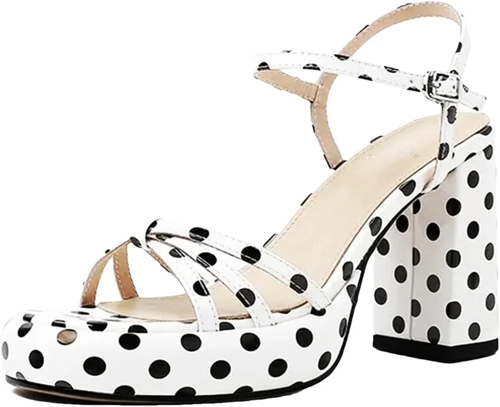 Women's Pink Leather Platform Sandals, Square High Heels Concise Design White Black Dots Summer Creeper