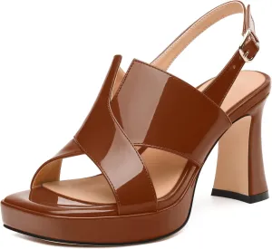 Womens Platform Ankle Strap Sandals, Square Toe Chunky Heel Leather Insole Sandals for Women, Block Heel Strappy Sandals with Buckle 3.3"