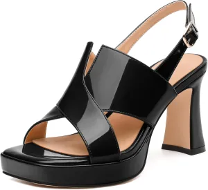Womens Platform Ankle Strap Sandals, Square Toe Chunky Heel Leather Insole Sandals for Women, Block Heel Strappy Sandals with Buckle 3.3"