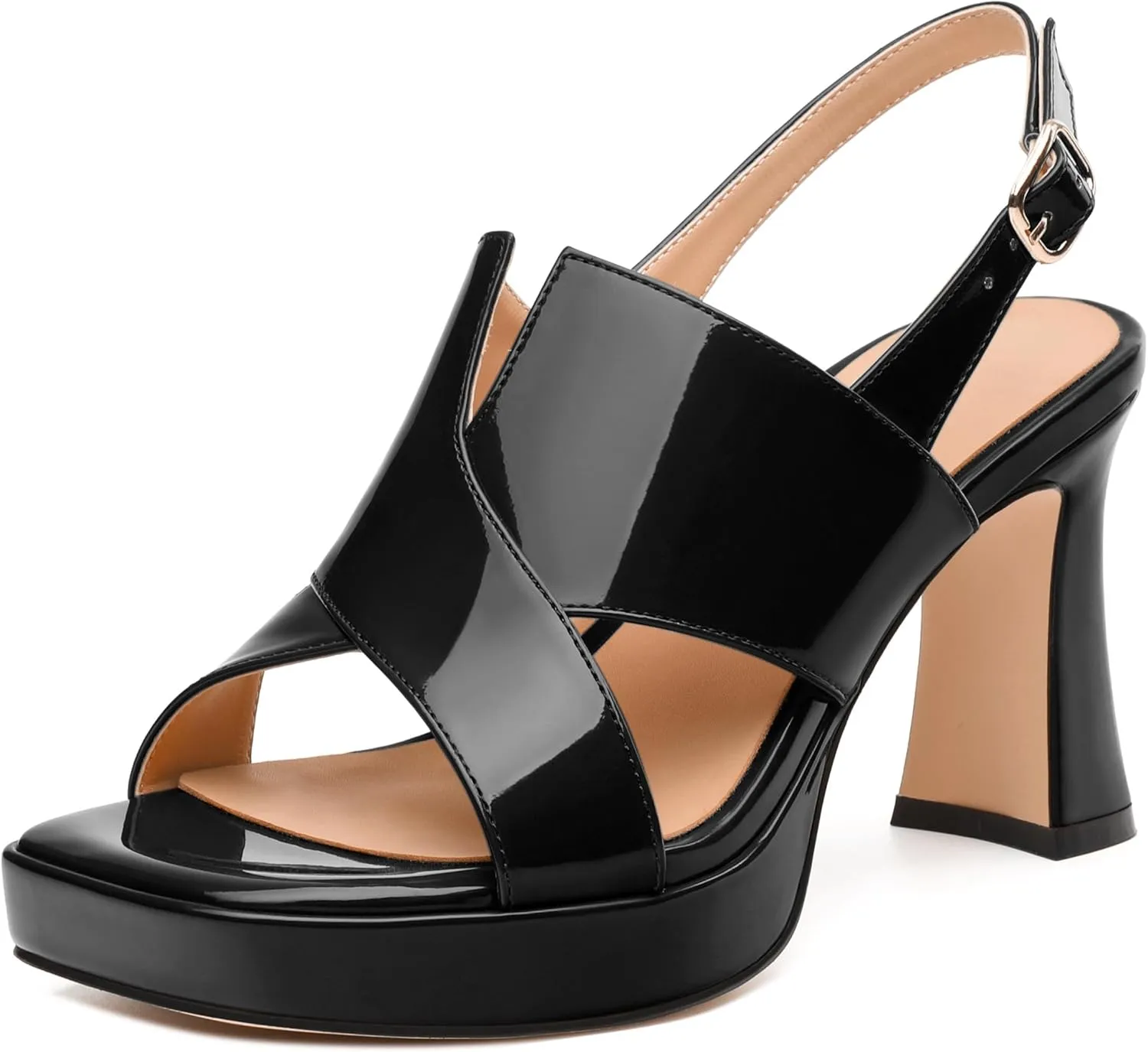 Womens Platform Ankle Strap Sandals, Square Toe Chunky Heel Leather Insole Sandals for Women, Block Heel Strappy Sandals with Buckle 3.3"