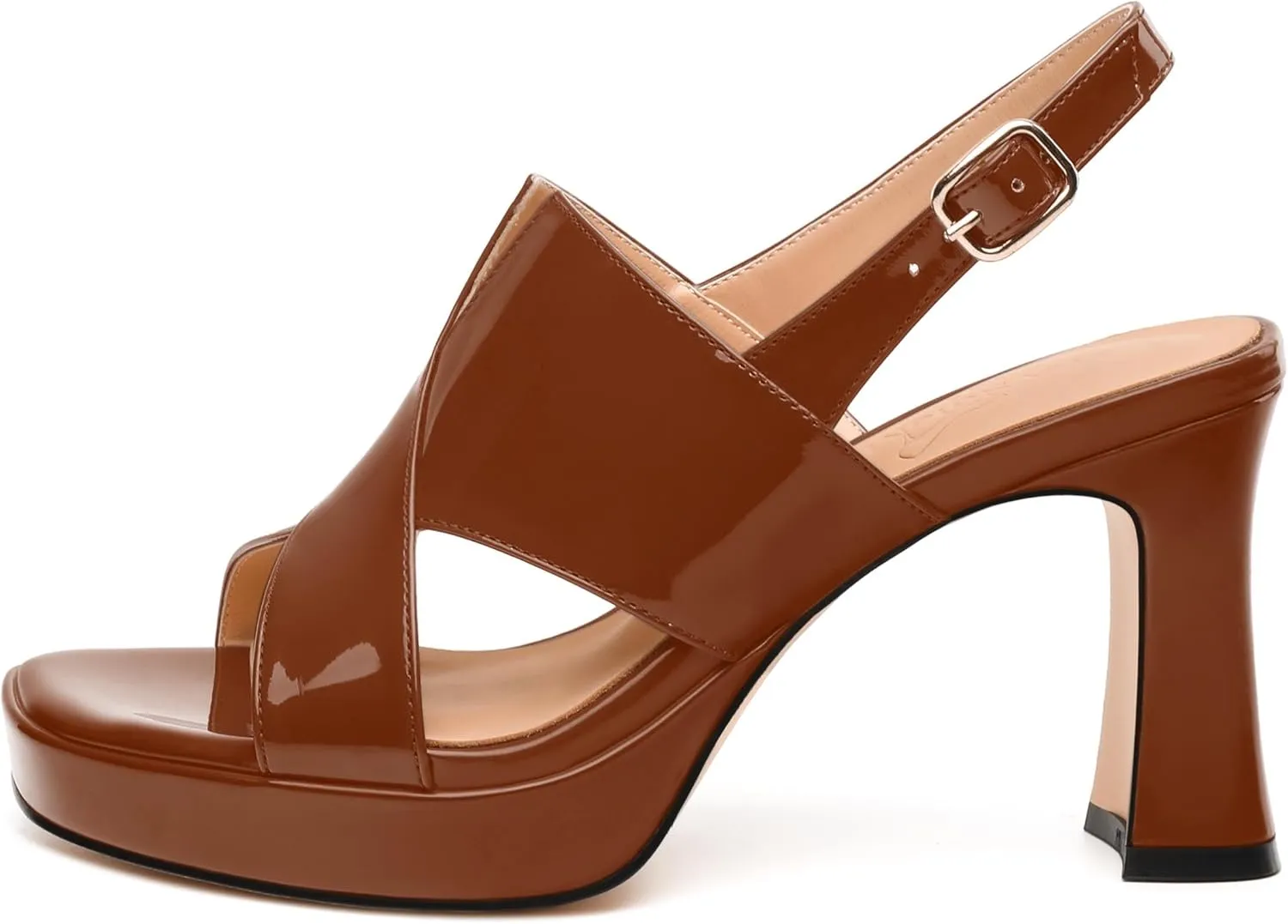 Womens Platform Ankle Strap Sandals, Square Toe Chunky Heel Leather Insole Sandals for Women, Block Heel Strappy Sandals with Buckle 3.3"