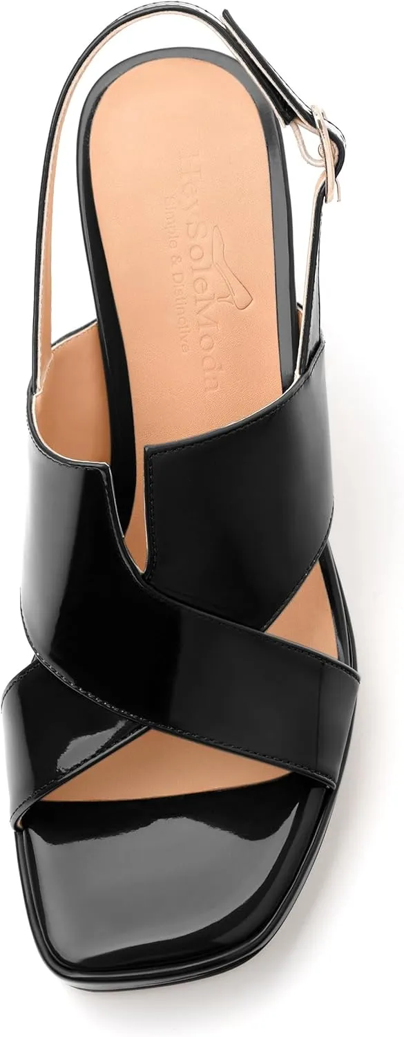 Womens Platform Ankle Strap Sandals, Square Toe Chunky Heel Leather Insole Sandals for Women, Block Heel Strappy Sandals with Buckle 3.3"