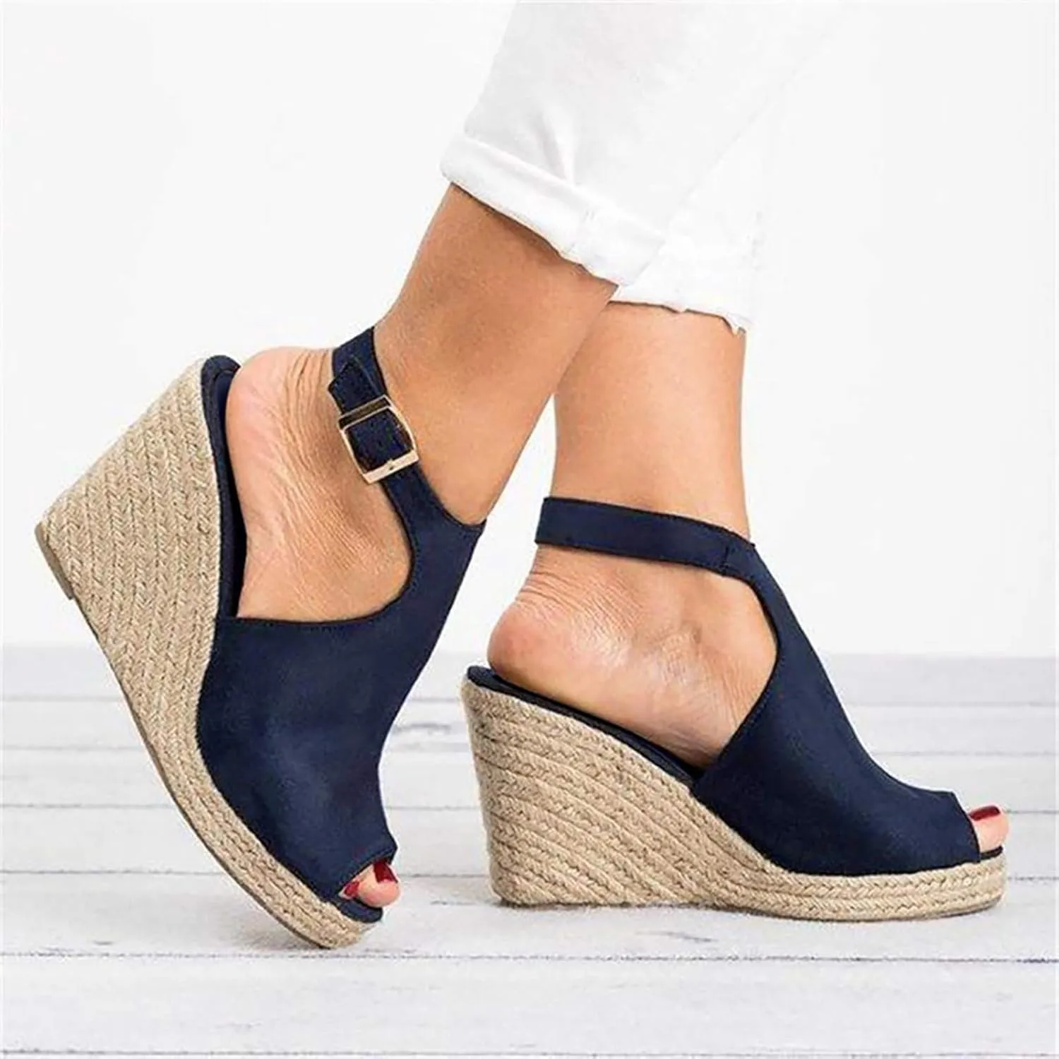 Women's Platform Espadrilles Wedge Sandals Open Toe Buckle Ankle Strap Espadrilles Comfortable Dressy Summer Shoes