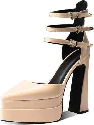 Womens Platform Heels Chunky High Block Heels Pointed Toe Pumps