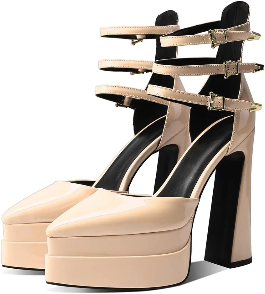 Womens Platform Heels Chunky High Block Heels Pointed Toe Pumps