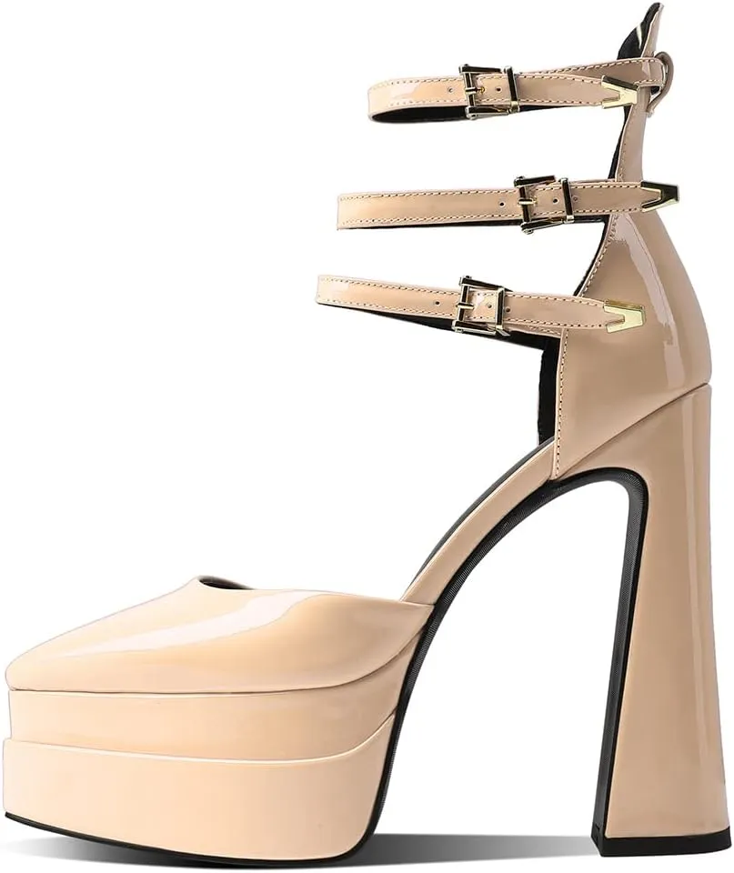 Womens Platform Heels Chunky High Block Heels Pointed Toe Pumps