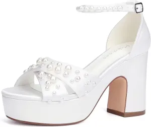 Women's Platform Heels Pearl Wedding Shoes for Bride Open Toe Chunky Heel Bridal Sandals