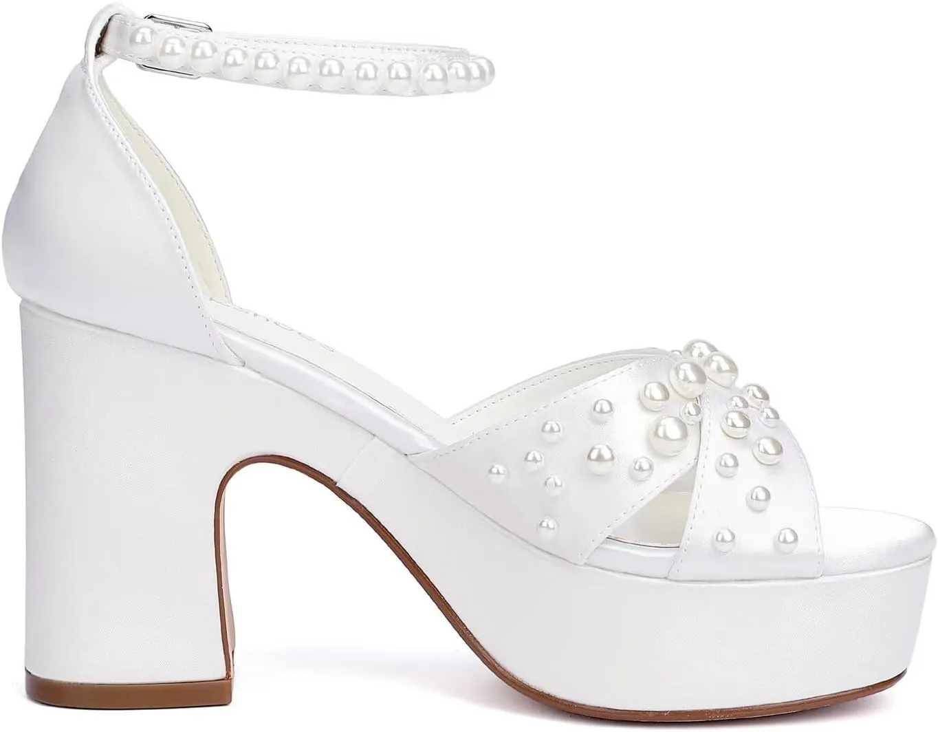 Women's Platform Heels Pearl Wedding Shoes for Bride Open Toe Chunky Heel Bridal Sandals