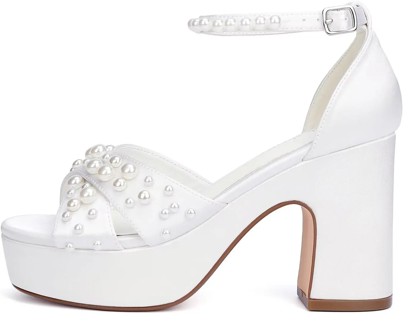 Women's Platform Heels Pearl Wedding Shoes for Bride Open Toe Chunky Heel Bridal Sandals