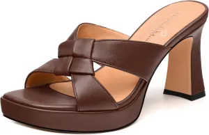 Womens Platform Sandals, Block High Heel Open Toe Slip-on Sandals for Women, Woven Straps Heeled Slippers with Leather Insole 3.3"