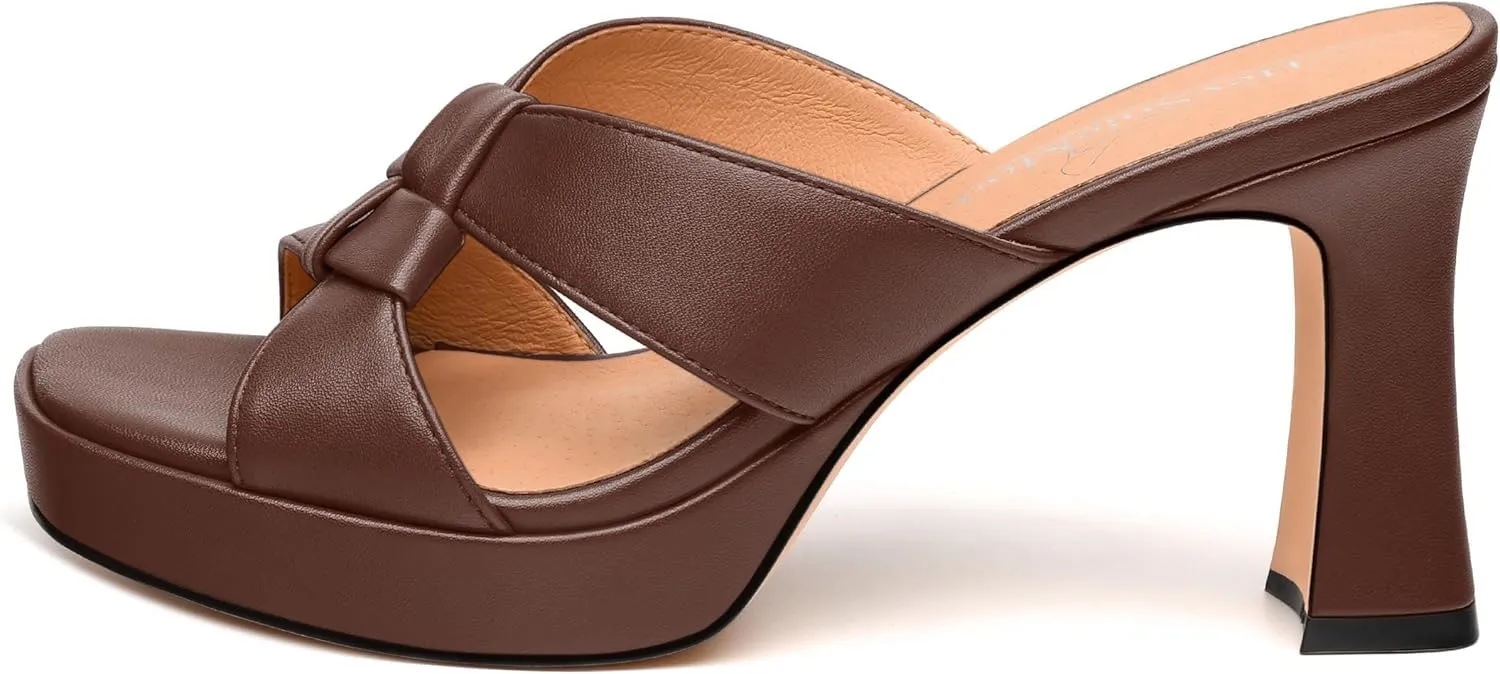 Womens Platform Sandals, Block High Heel Open Toe Slip-on Sandals for Women, Woven Straps Heeled Slippers with Leather Insole 3.3"
