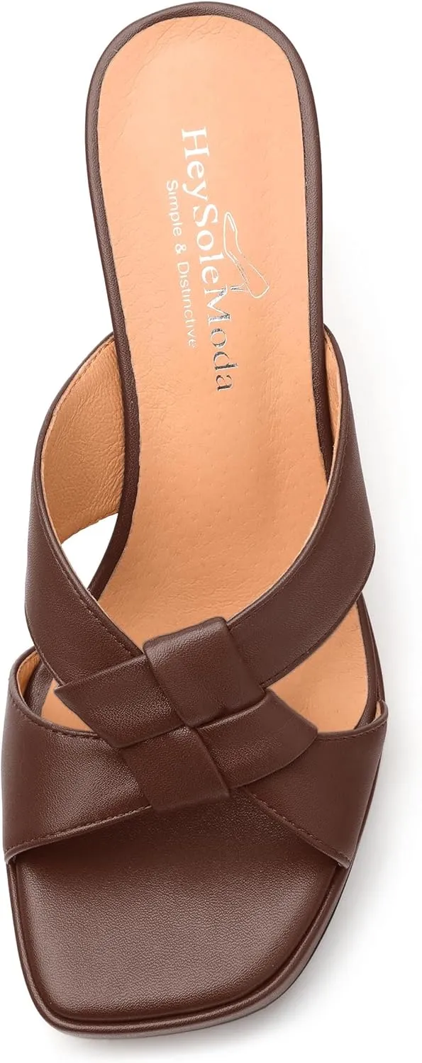Womens Platform Sandals, Block High Heel Open Toe Slip-on Sandals for Women, Woven Straps Heeled Slippers with Leather Insole 3.3"