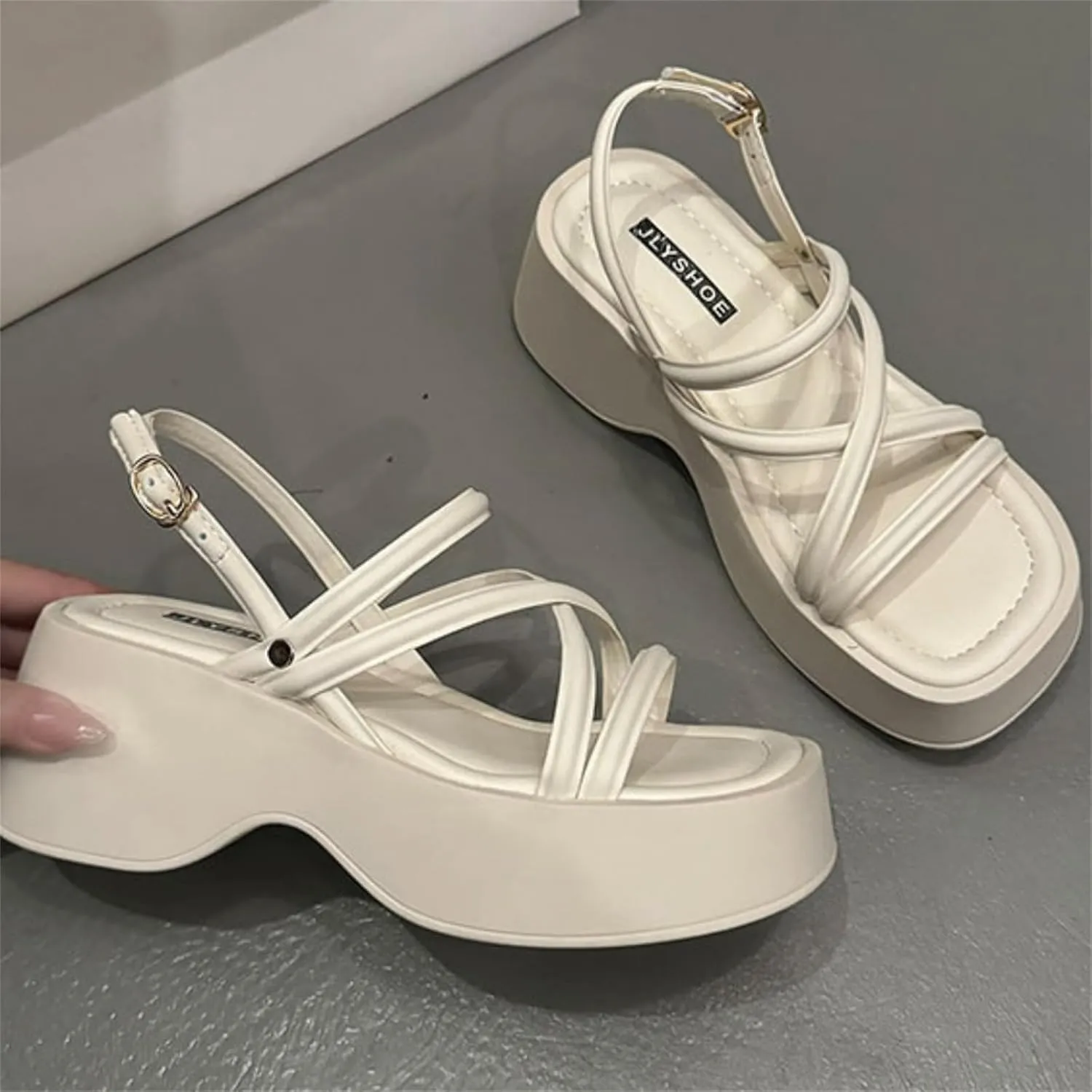 Women's Platform Wedge Chunky Heels Sandals with Adjustable Ankle Strap Summer Open Square Toe Boho Y2K Roman Sandals for Work Party Dress Walking