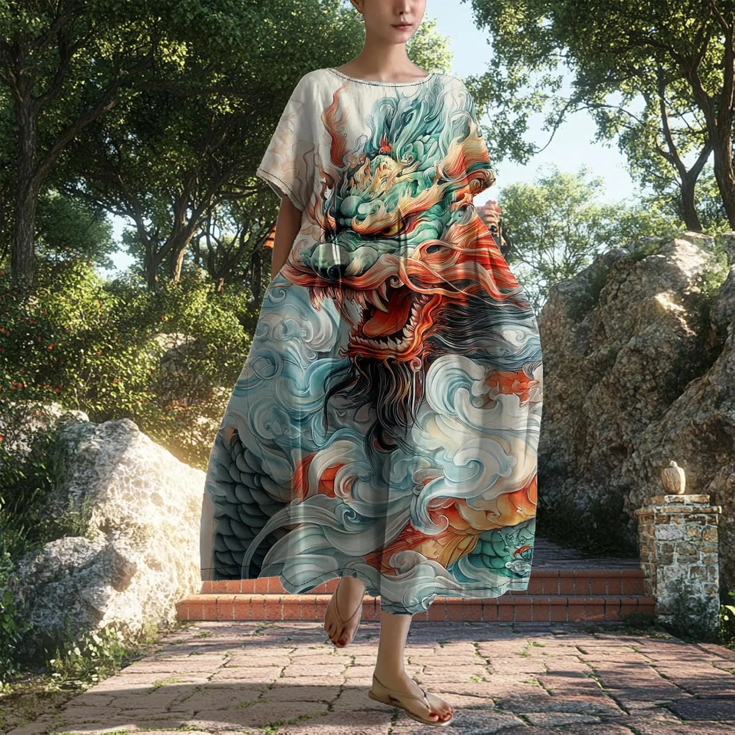 Women's Plus Size Boho Dress Japanese Art Summer Linen Maxi Dresses Dragon Casual Loose Flowy High Waist Midi Dress