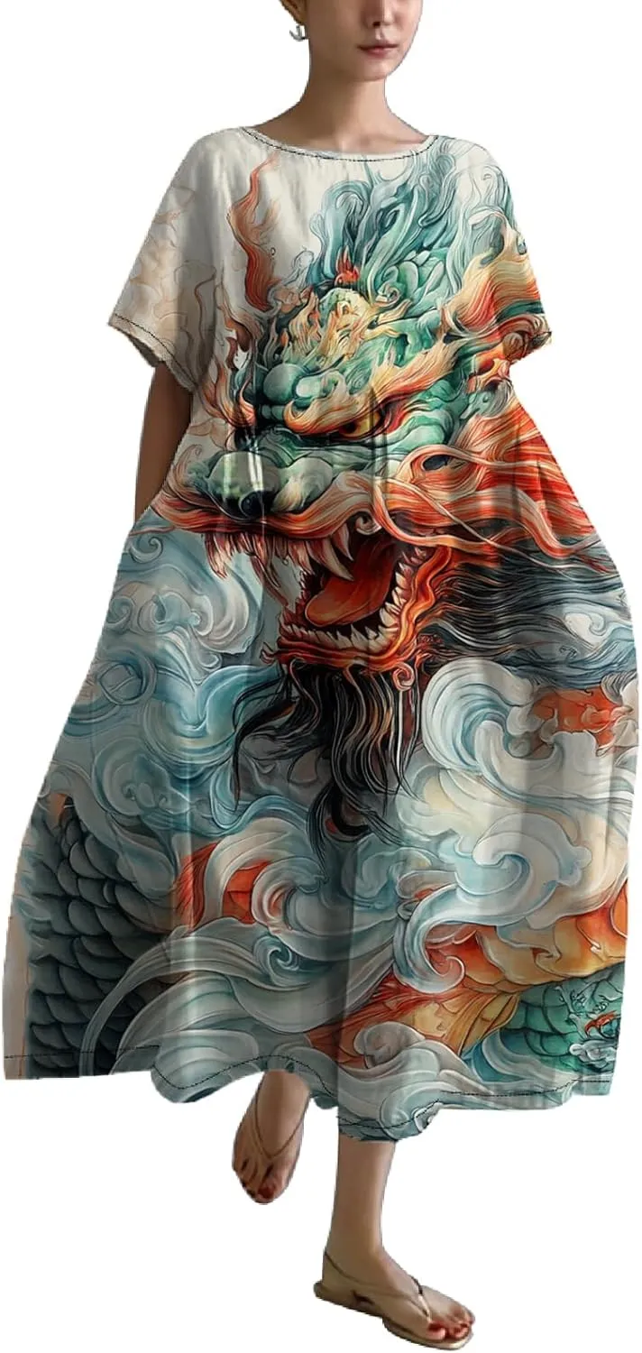 Women's Plus Size Boho Dress Japanese Art Summer Linen Maxi Dresses Dragon Casual Loose Flowy High Waist Midi Dress