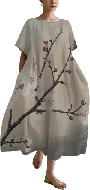 Women's Plus Size Boho Dress Novelty Cotton Maxi Dresses Japanese Art Summer Casual Loose Flowy A-line Midi Dress Trendy