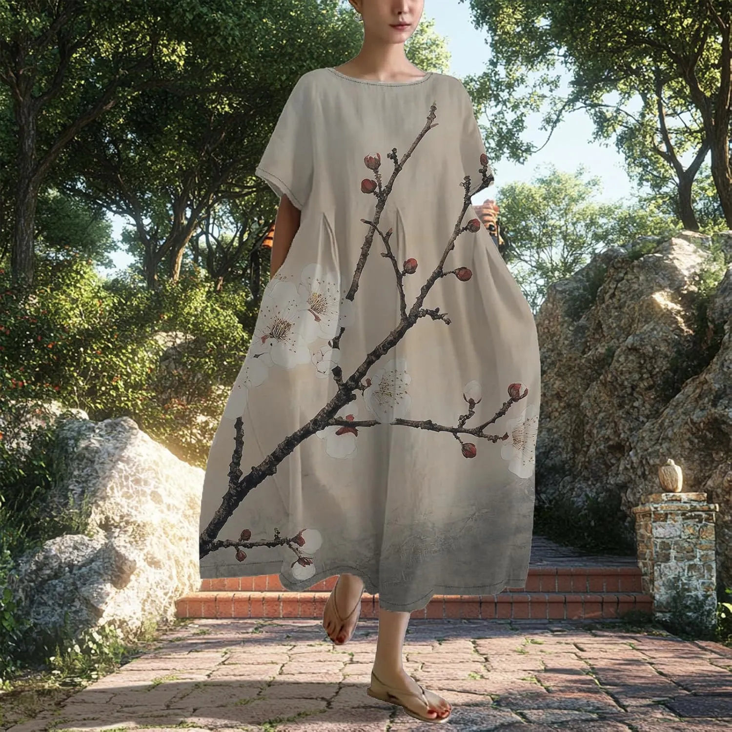 Women's Plus Size Boho Dress Novelty Cotton Maxi Dresses Japanese Art Summer Casual Loose Flowy A-line Midi Dress Trendy