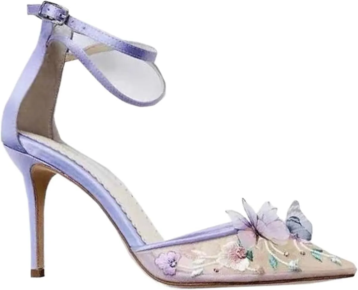 Women's Pointed Closed Toe High Stilettos Heels Mesh Embroidered Heel Sandals Pumps Party Dress Shoes