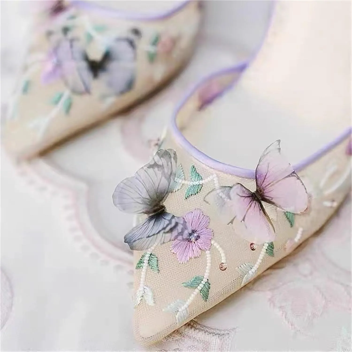 Women's Pointed Closed Toe High Stilettos Heels Mesh Embroidered Heel Sandals Pumps Party Dress Shoes