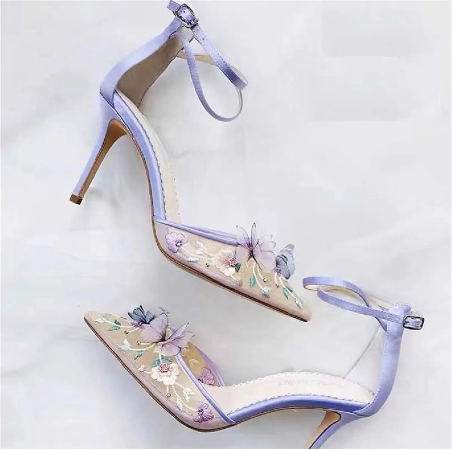 Women's Pointed Closed Toe High Stilettos Heels Mesh Embroidered Heel Sandals Pumps Party Dress Shoes