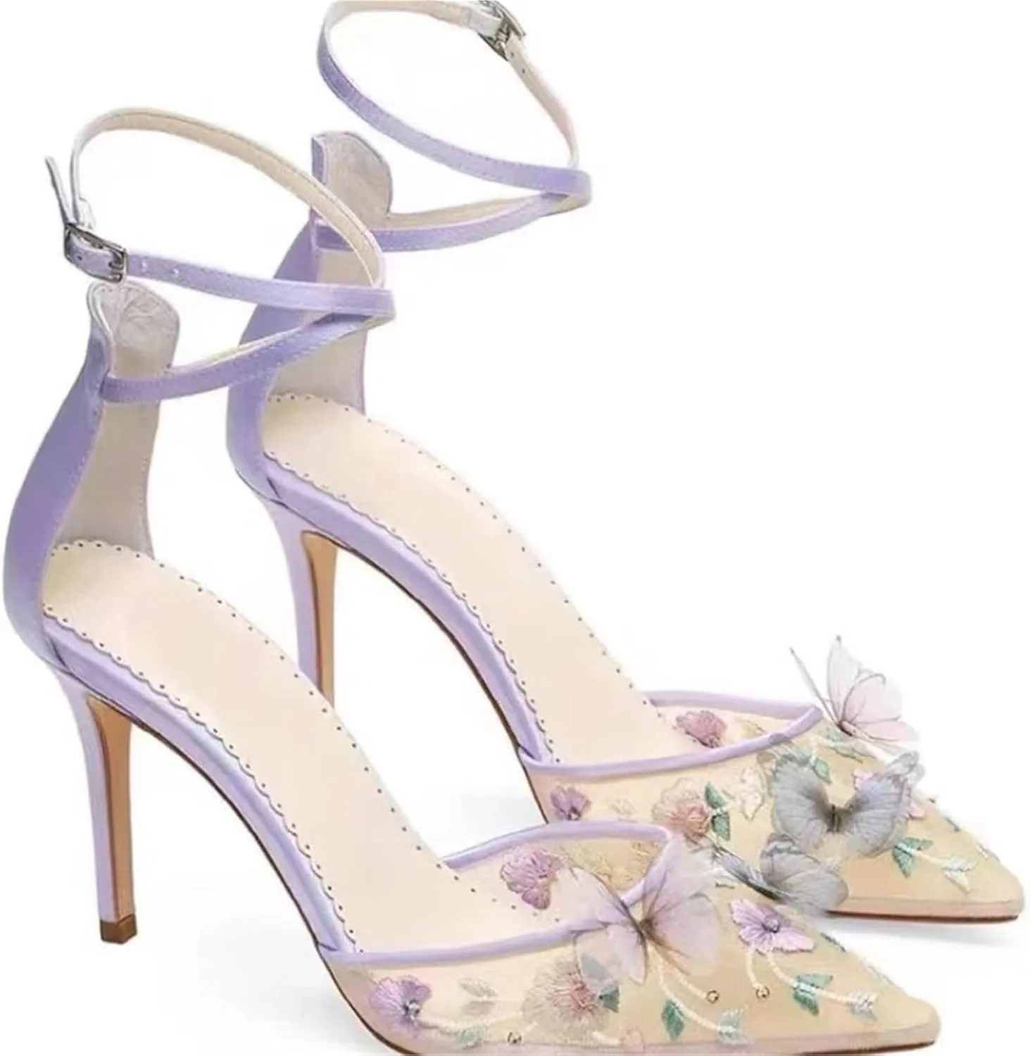 Women's Pointed Closed Toe High Stilettos Heels Mesh Embroidered Heel Sandals Pumps Party Dress Shoes