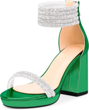 Women's Rhinestone Platform Chunky High Heeled Sandals Open Toe Ankle Strap Sexy Wedding Dress Shoes