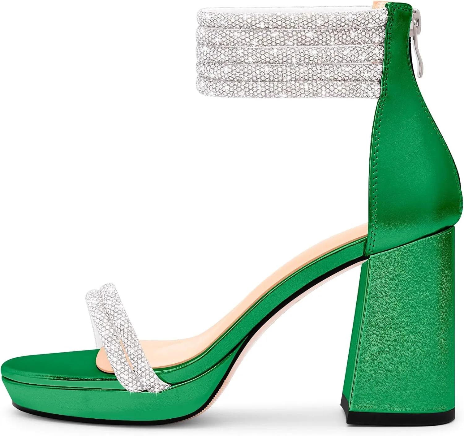 Women's Rhinestone Platform Chunky High Heeled Sandals Open Toe Ankle Strap Sexy Wedding Dress Shoes