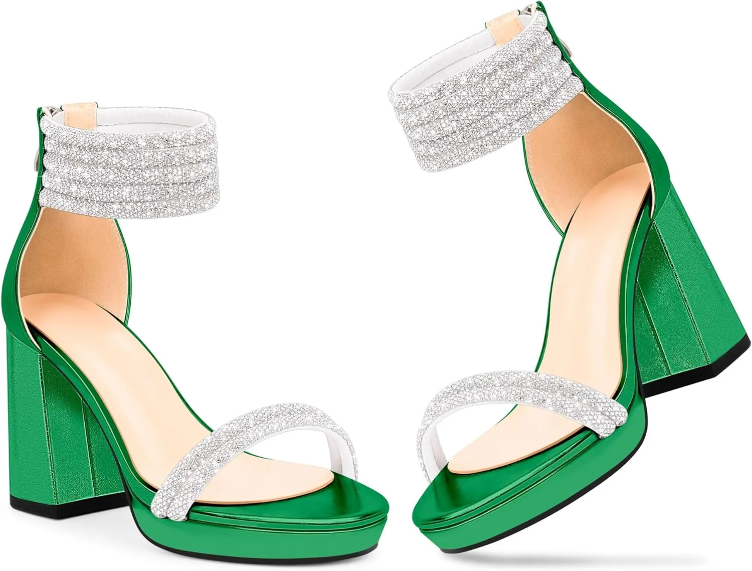 Women's Rhinestone Platform Chunky High Heeled Sandals Open Toe Ankle Strap Sexy Wedding Dress Shoes