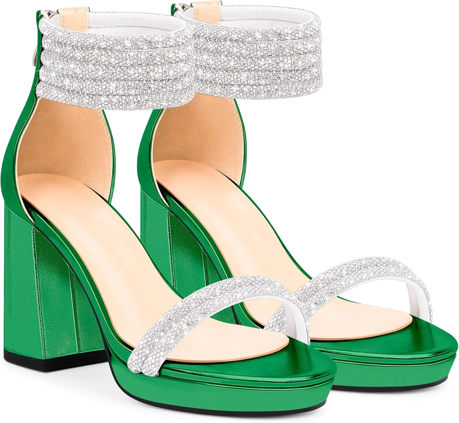 Women's Rhinestone Platform Chunky High Heeled Sandals Open Toe Ankle Strap Sexy Wedding Dress Shoes