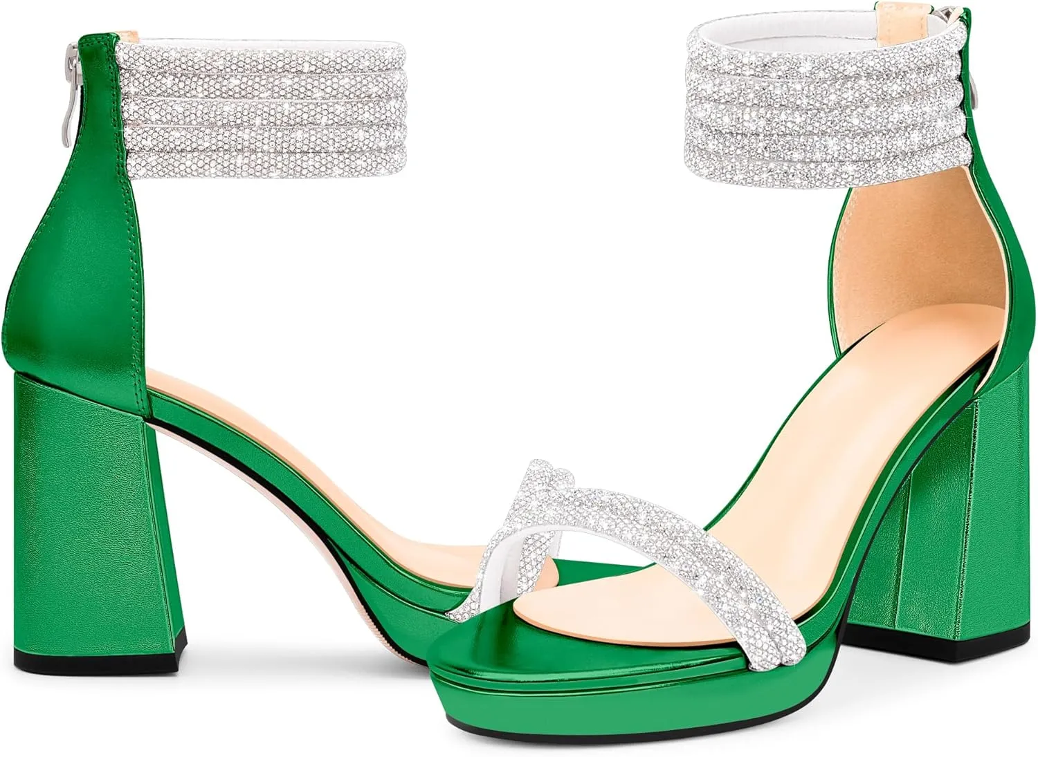 Women's Rhinestone Platform Chunky High Heeled Sandals Open Toe Ankle Strap Sexy Wedding Dress Shoes