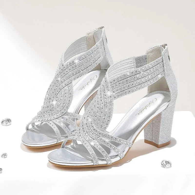 Women's Rhinestone Sparkly Chunky Block Heel Sandals Open Toe Dressy Shoes with Zipper Closure for Wedding Prom Homecoming Hoco Formal Events