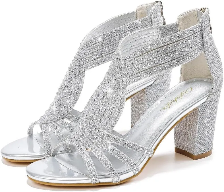 Women's Rhinestone Sparkly Chunky Block Heel Sandals Open Toe Dressy Shoes with Zipper Closure for Wedding Prom Homecoming Hoco Formal Events