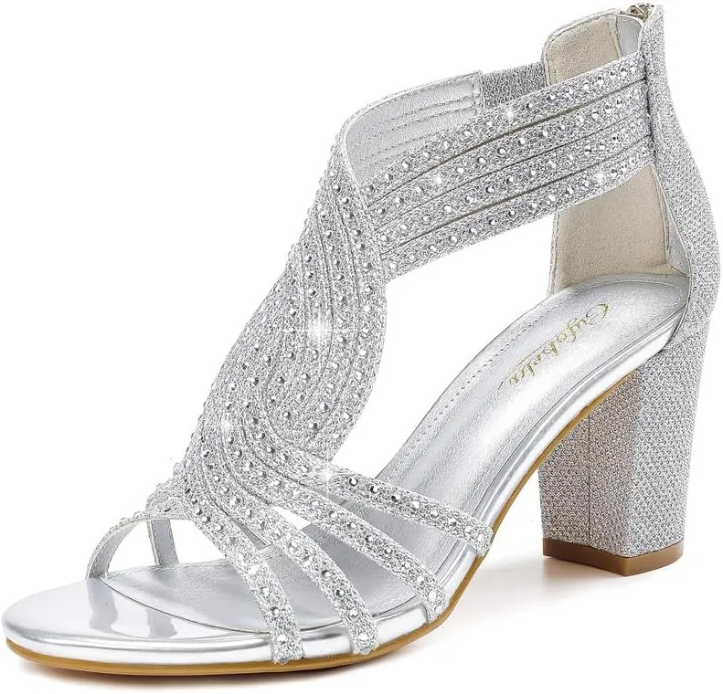 Women's Rhinestone Sparkly Chunky Block Heel Sandals Open Toe Dressy Shoes with Zipper Closure for Wedding Prom Homecoming Hoco Formal Events