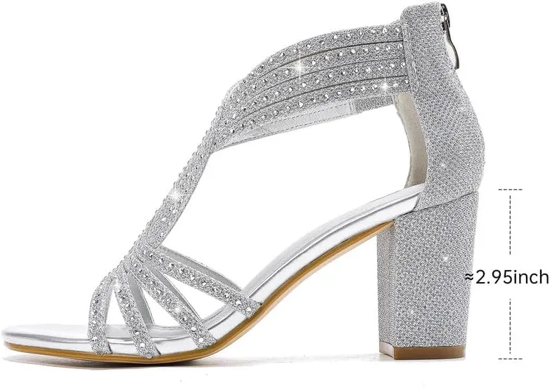 Women's Rhinestone Sparkly Chunky Block Heel Sandals Open Toe Dressy Shoes with Zipper Closure for Wedding Prom Homecoming Hoco Formal Events