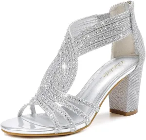 Women's Rhinestone Sparkly Chunky Block Heel Sandals Open Toe Dressy Shoes with Zipper Closure for Wedding Prom Homecoming Hoco Formal Events