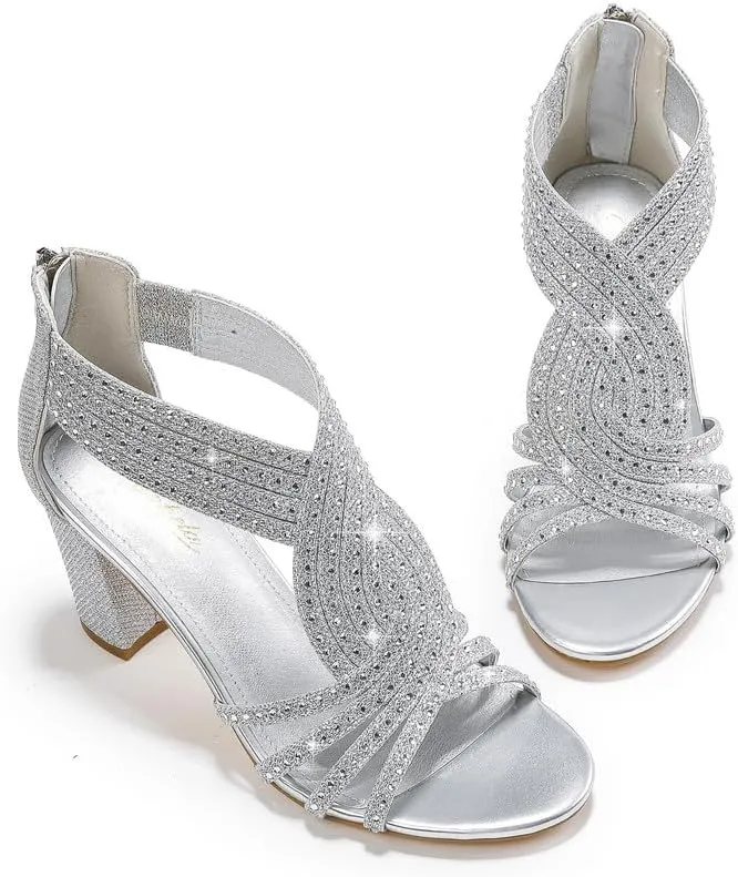 Women's Rhinestone Sparkly Chunky Block Heel Sandals Open Toe Dressy Shoes with Zipper Closure for Wedding Prom Homecoming Hoco Formal Events