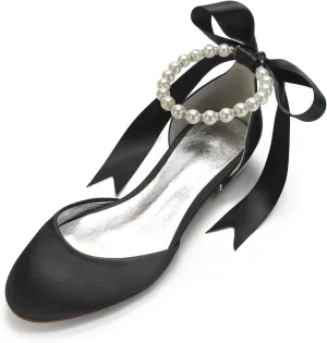 Women's Round Toe Wedding Flats Shoes for Bride Ankle Strap Pearl Formal Prom Party Dress Pumps