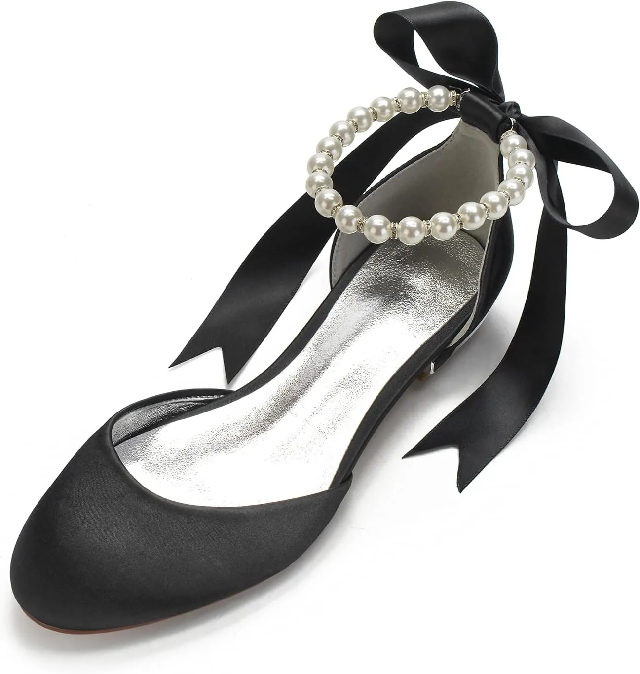 Women's Round Toe Wedding Flats Shoes for Bride Ankle Strap Pearl Formal Prom Party Dress Pumps