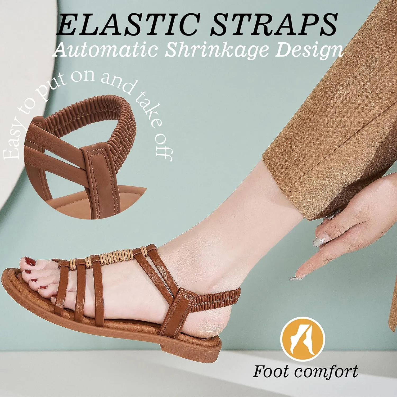 Womens Sandals Flats Shoes - Comfortable Summer Dressy Casual Ankle Elastic Slip on Walking Beach Sandal