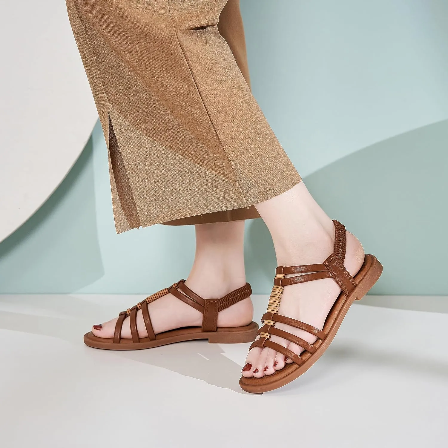 Womens Sandals Flats Shoes - Comfortable Summer Dressy Casual Ankle Elastic Slip on Walking Beach Sandal