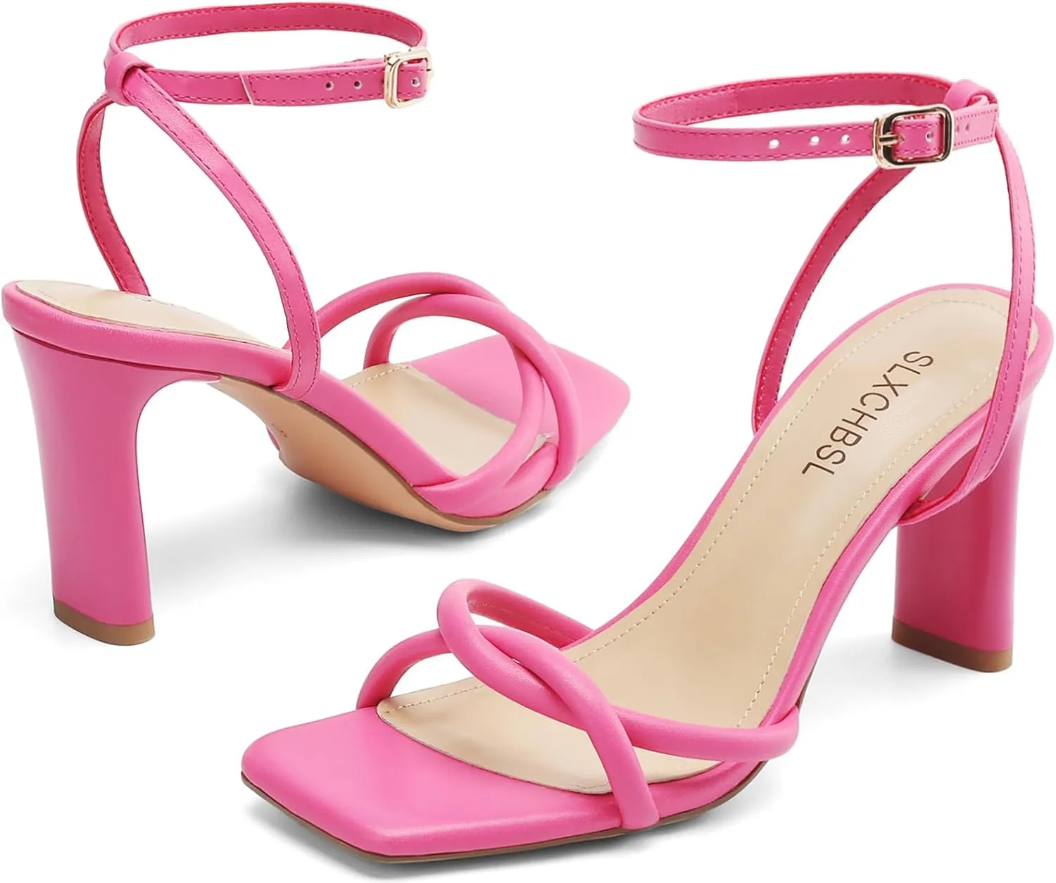 Womens Sandals Square Open Toe Strappy Heels for Women Dressy Chunky High Heels Ankle Buckle Heeled Sandals for Women Comfort Wedding Prom Party Shoes