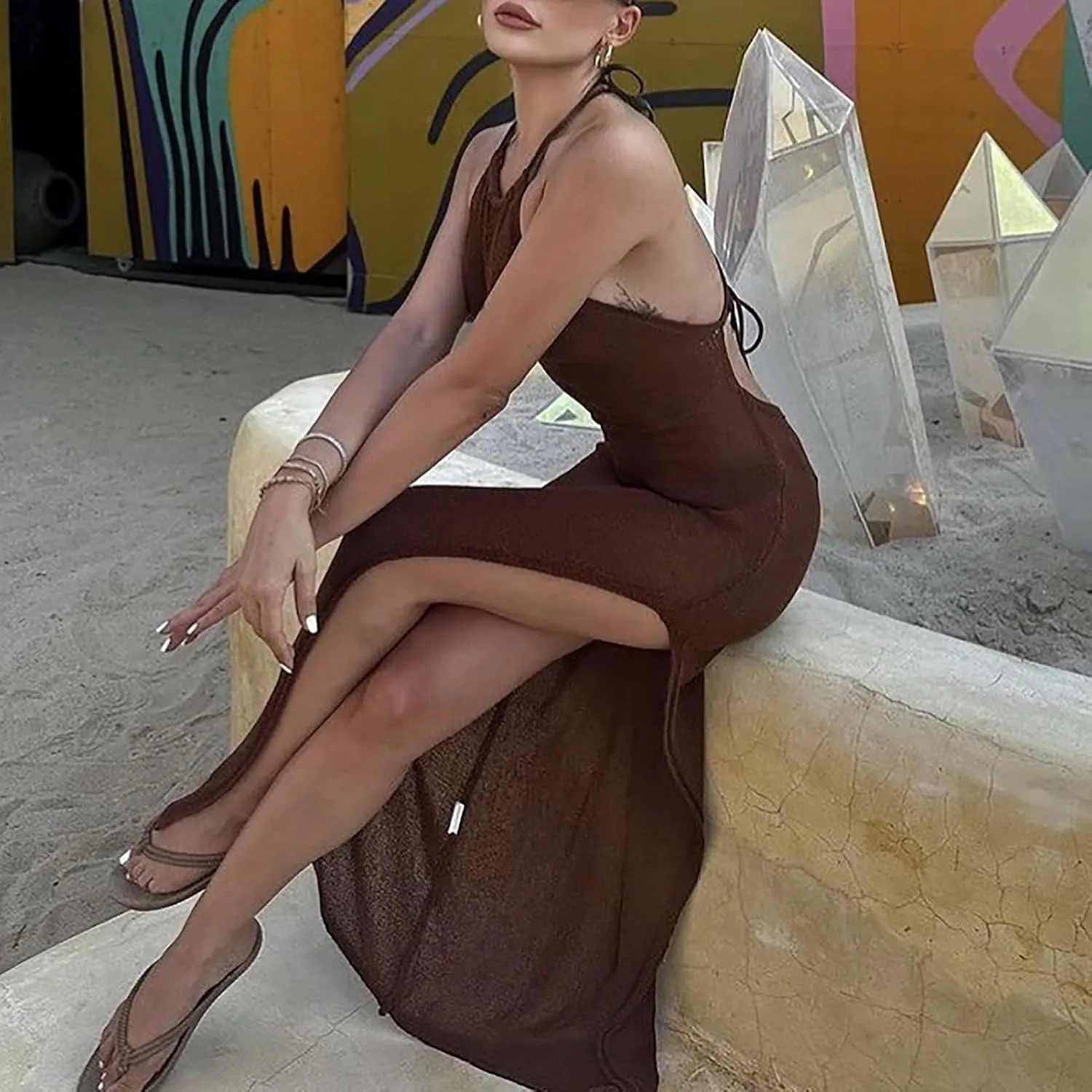 Women's Sexy Hollow Out Halter Wrap Sleeveless High Slit Casual Long Maxi Dresses Beach Cover Up Dress