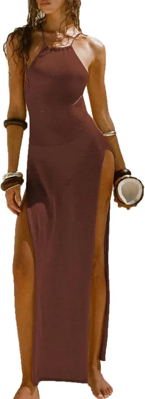 Women's Sexy Hollow Out Halter Wrap Sleeveless High Slit Casual Long Maxi Dresses Beach Cover Up Dress