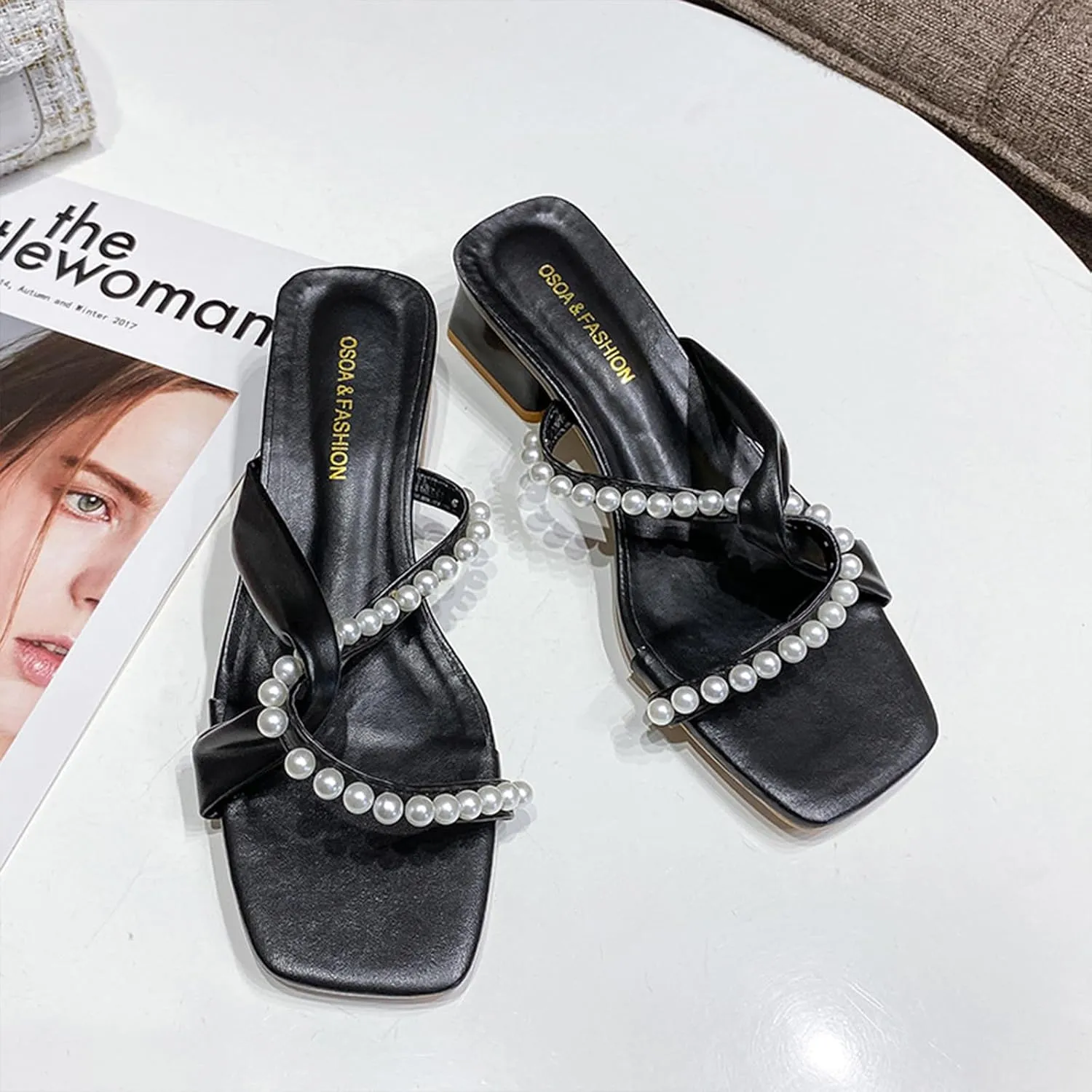 Women's Shiny Pearl Strappy Low Heel Slides Sandals Fashion Square Open Toe Slip On Comfortable Low Chunky Heel Walking Dress Slippers