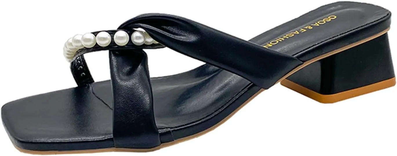 Women's Shiny Pearl Strappy Low Heel Slides Sandals Fashion Square Open Toe Slip On Comfortable Low Chunky Heel Walking Dress Slippers