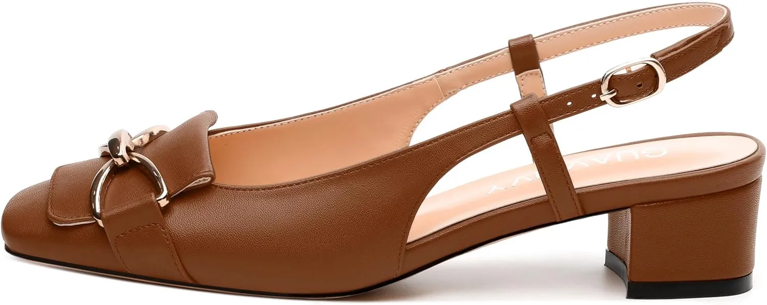 Womens Slingback Buckle Low Chunky Heels Fashion Square Closed Toe Comfort Heeled Sandals Wedding Casual Office Shoes